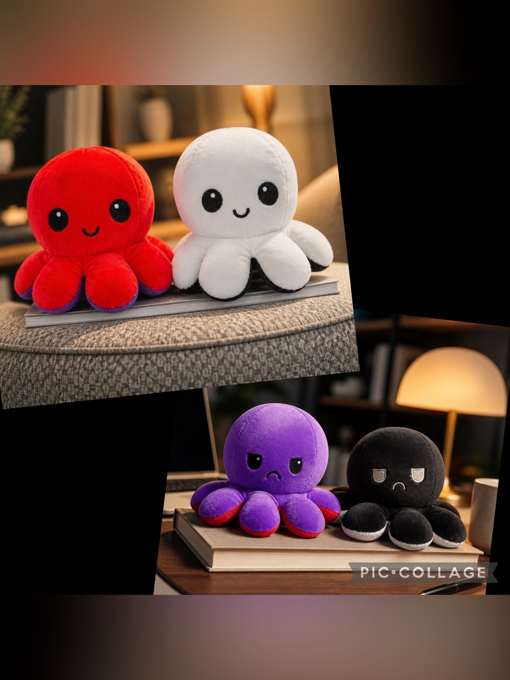 Reversible Octopus Plush Toys - Happy & Mad - Purple / Red & Black / White